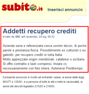 cercasi addetto recupero crediti